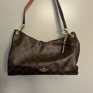 Coach Dark Brown Signature Mia Shoulder Bag with Black Straps